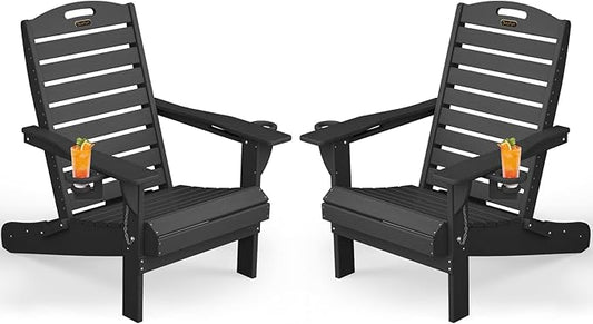 Adirondack Chairs Set of 2, Outdoor Fire Pit Chairs, HDPE All-Weather Adirondack Chairs with Cup Holder, Lawn Chair for Deck, Patio, Garden (Black)
