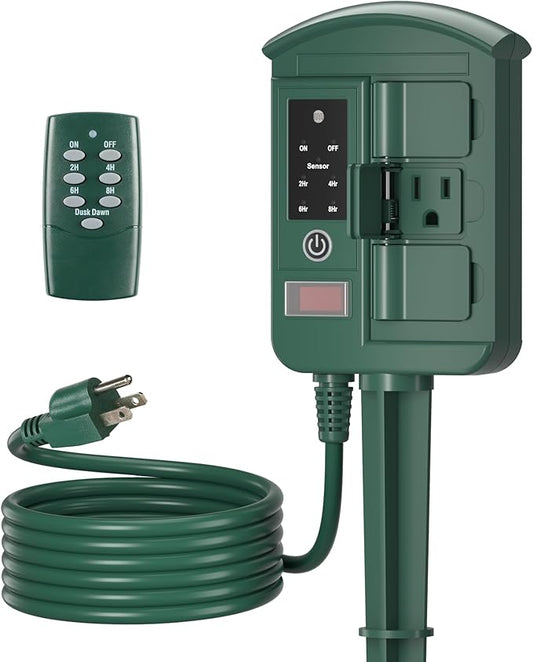 BN-LINK Outdoor Power Stake Timer Waterproof, Power Strip with 6 Grounded Outlets and 6FT Extension Cord, 100FT Wireless Remote Control, Dusk to Dawn Sensor Timer for Lights and Courtyard Decoration