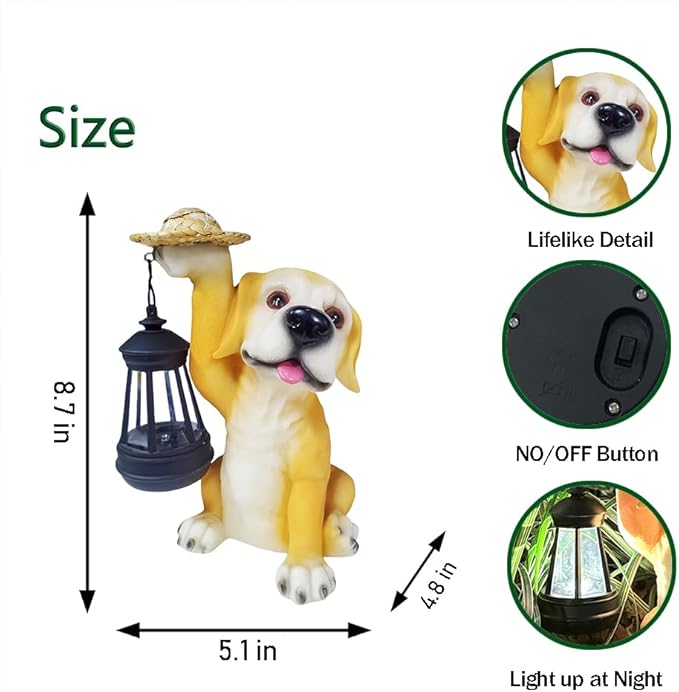Garden Dog Statues - Adorable Resin Dog Figurines with Straw Hat and Solar LED Lantern, Puppy Decorations Outdoor Solar Light for Yard Patio Lawn Porch, Ornament Gift
