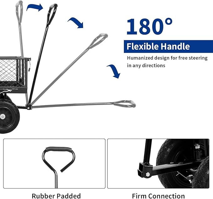 BILT HARD 10" Flat Free Tires Heavy Duty Garden Cart with 180° Rotating Handle and Removable Sides, 4 Cu.Ft 400 lbs Capacity Utility Steel Wagons for Outdoor