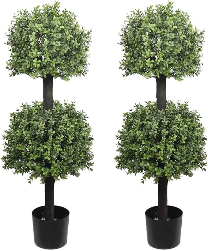 Artificial Topiary Trees Outdoor Boxwood Double Ball 40''T Potted Plants Home Decor 2 Pack