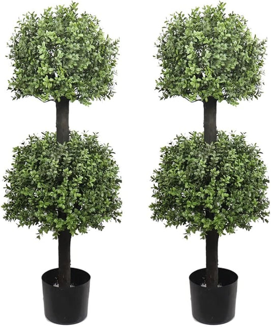 Artificial Topiary Trees Outdoor Boxwood Double Ball 40''T Potted Plants Home Decor 2 Pack