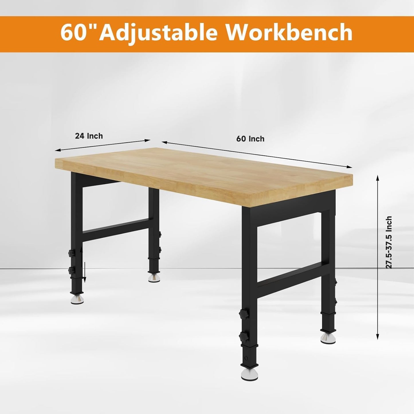 60" Work Bench, Adjustable Height Workbench, Heavy-Duty Thicker Work Table, 2000 LBS Load Capacity Workstation for Garage, Workshop, Office, Home