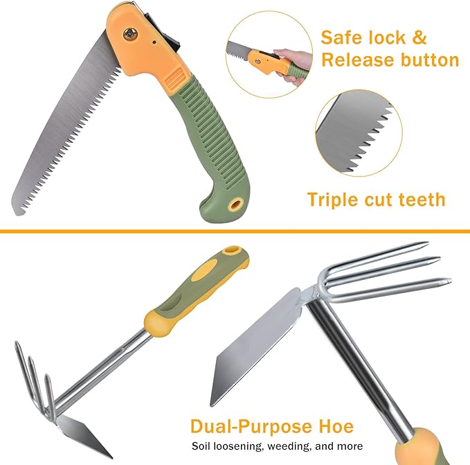 Garden Tool Set, WisaKey 9 Piece Stainless Steel Heavy Duty Gardening Tools with Handle, Durable Garden Tool Bag, Ideal Gardening Hand Tools, Gardening Gifts for Women and Men White Elephant Gifts