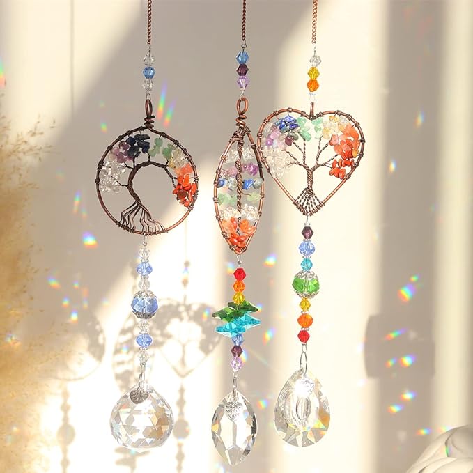 3pcs Crystal Suncatchers for Windows Hanging Tree of Life Sun Catchers Decor with Prisms for Home Indoor Outdoor Car Making Rainbows