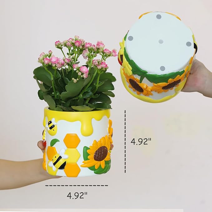 GUGUGO Colorful Bees and Sunflowers Plant Pots, Cute Unique Succulent Planters with Drainage, Rainbow Small Mushrooms Flower Planters Pots for Indoor Plants, Funny Eclectic Home Decor, Dark Green