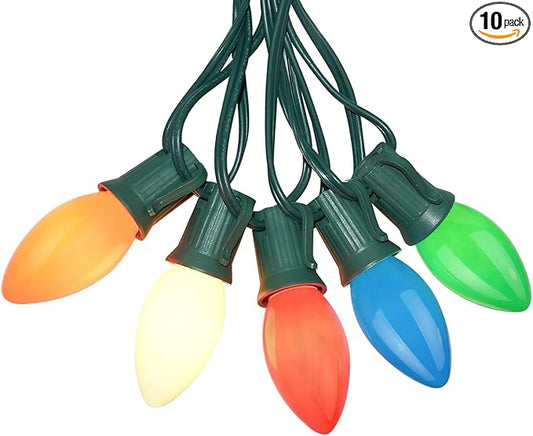 25Ft Outdoor Multicolor Ceramic Christmas String Lights,C9 Vintage Opaque Christmas String Lights for Patio Garden Christmas Tree Decoration,C9/ E17 Candelabra Base, Green Wire