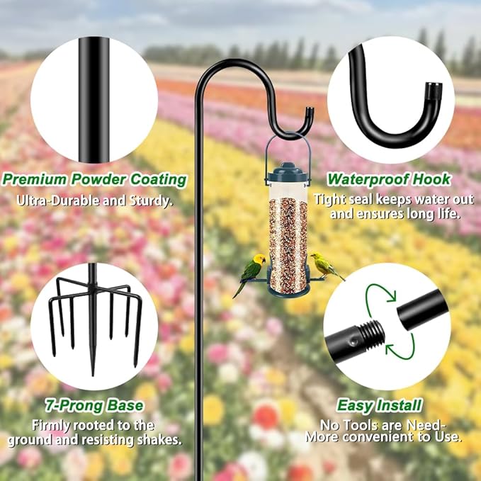 84" Shepherds Hooks for Outdoor, Heavy Duty Bird Feeder Pole with 7 Prongs Base for Hanging Lantern, Hummingbird Feeder, Plant Baskets, Shepherds Hook for Bird Feeders for Outside, 1 Pack