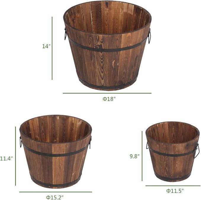 3 Pcs Wooden Planter Barrel Set, Outdoor Flower Pots with Handle & Drainage Holes, Rustic Whiskey Barrel Planter for Plants, Herbs, Veggies, Indoor Outdoor Use