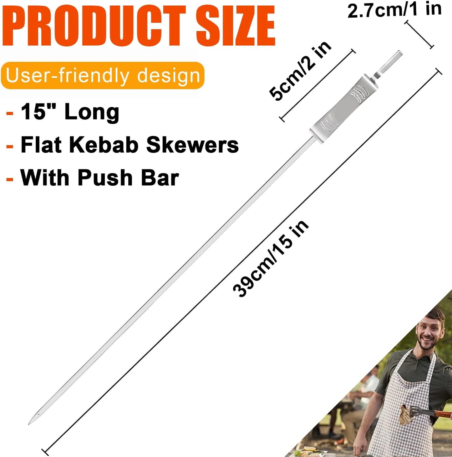 BBQ Skewers, Premium 304 Stainless Steel BBQ Skewers,15 Inch Heavy Duty Metal Kabob Sticks for Grilling, Reusable & Dishwasher Safe (Single fork8)