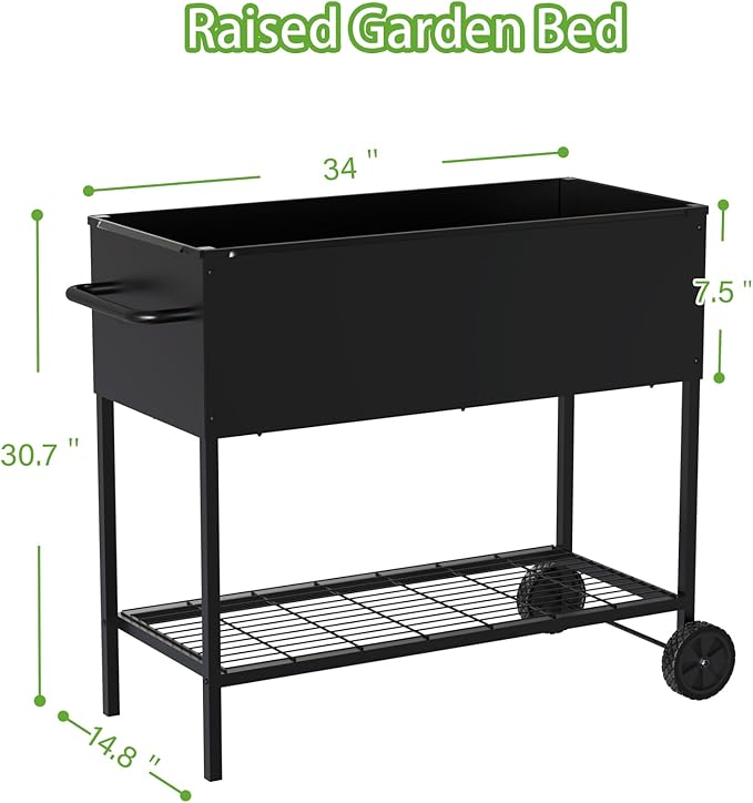 34 × 15 × 31 Inches Raised Garden Bed with Legs/Storage Shelf, Mobile Planter Box for Outdoor Plants, Elevated Garden Bed for Backyard, Balcony, Black