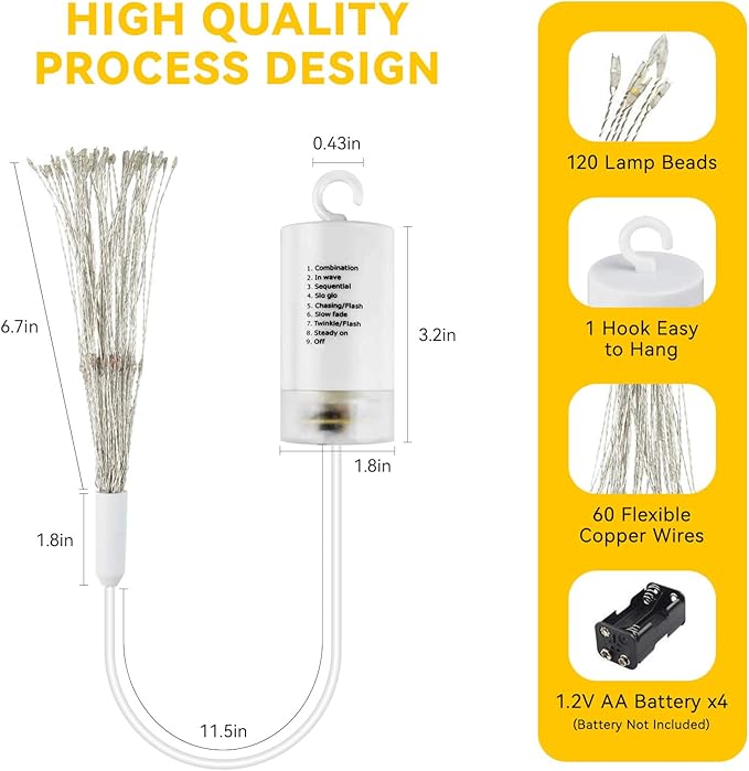 6 Pack Firework Lights 120 LED Copper Wire, 8 Modes Dimmable String With Remote Control, Waterproof Hanging Fairy Lights for Party, Home, Christmas, Garden Outdoor Decoration