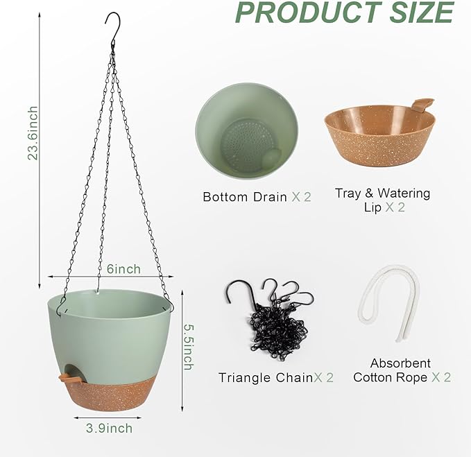 Hanging Planters for Indoor Outdoor Plants, 2 Pack Self Watering Hanging Pot with Drainage Holes & Removable Tray (Green, 6'')