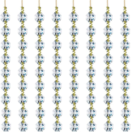 12.5 FT Crystal Glass Strand, Garland Octagon Beads Chandelier Crystal Prism Replacement for Hanging Clear with Golden Clips