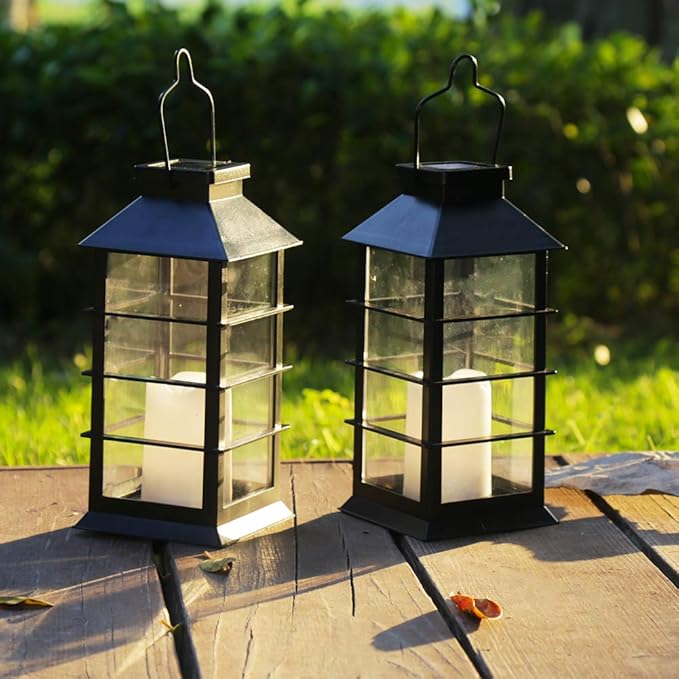 2 Pack Outdoor Garden Hanging Lanterns with Waterproof LED Flickering Flameless Candle Solar Powered Lights Yard Decor Outdoor Decorative for Pathway Courtyard Party Patio Christmas (Black)