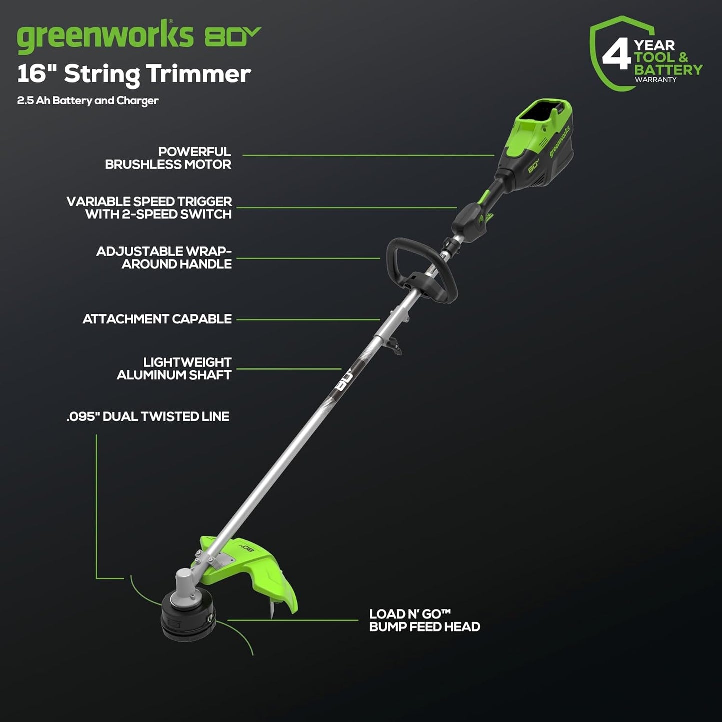 Greenworks 80V 16" Brushless Cordless (Attachment Capable) String Trimmer, 2.5Ah Battery and Charger Included