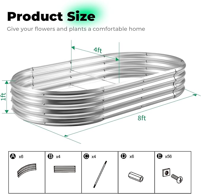 Galvanized Raised Garden Bed Kit, Oval Large Metal Planter Box, Sturdy and Durable, Garden Boxes Outdoor Raised for Vegetables, Fruits, Flowers and Herbs, 8x4x1ft (Silver)