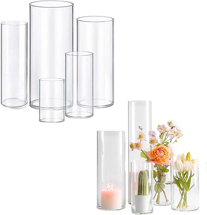 5pcs Glass Vase Cylinder Vases for Centerpieces Small Flower Glass Clear Vases Home Decor Centerpiece Table Flower Vase Decorations for Wedding Decoration＆Holiday Mixed Sizes Tall