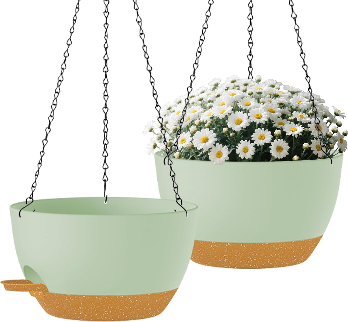 2 Pack Hanging Planters for Indoor Outdoor Plants, 12 Inch Self Watering Hanging Pot with Drainage Holes and Saucer, Plastic Plant Pots, Green Brown Flower Pots for Kitchen, Balcony, Garden