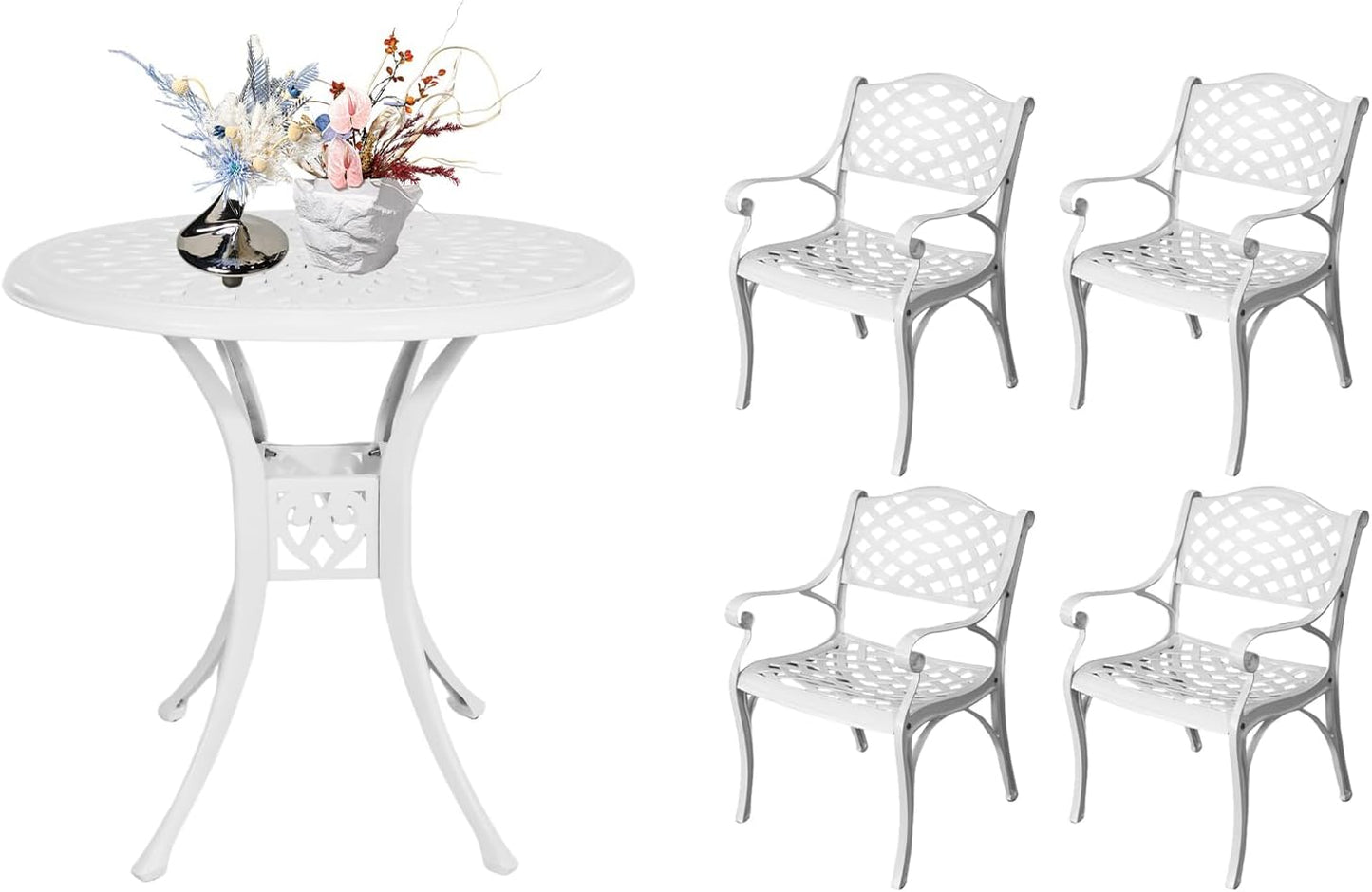 5 Piece Patio Dining Set, All Weather Cast Aluminum Outdoor Dining Table and Chairs Set of 4, Patio Furniture Conversation Set with 4 Chairs and 30.31" Round Table, 2.36" Umbrella Hole