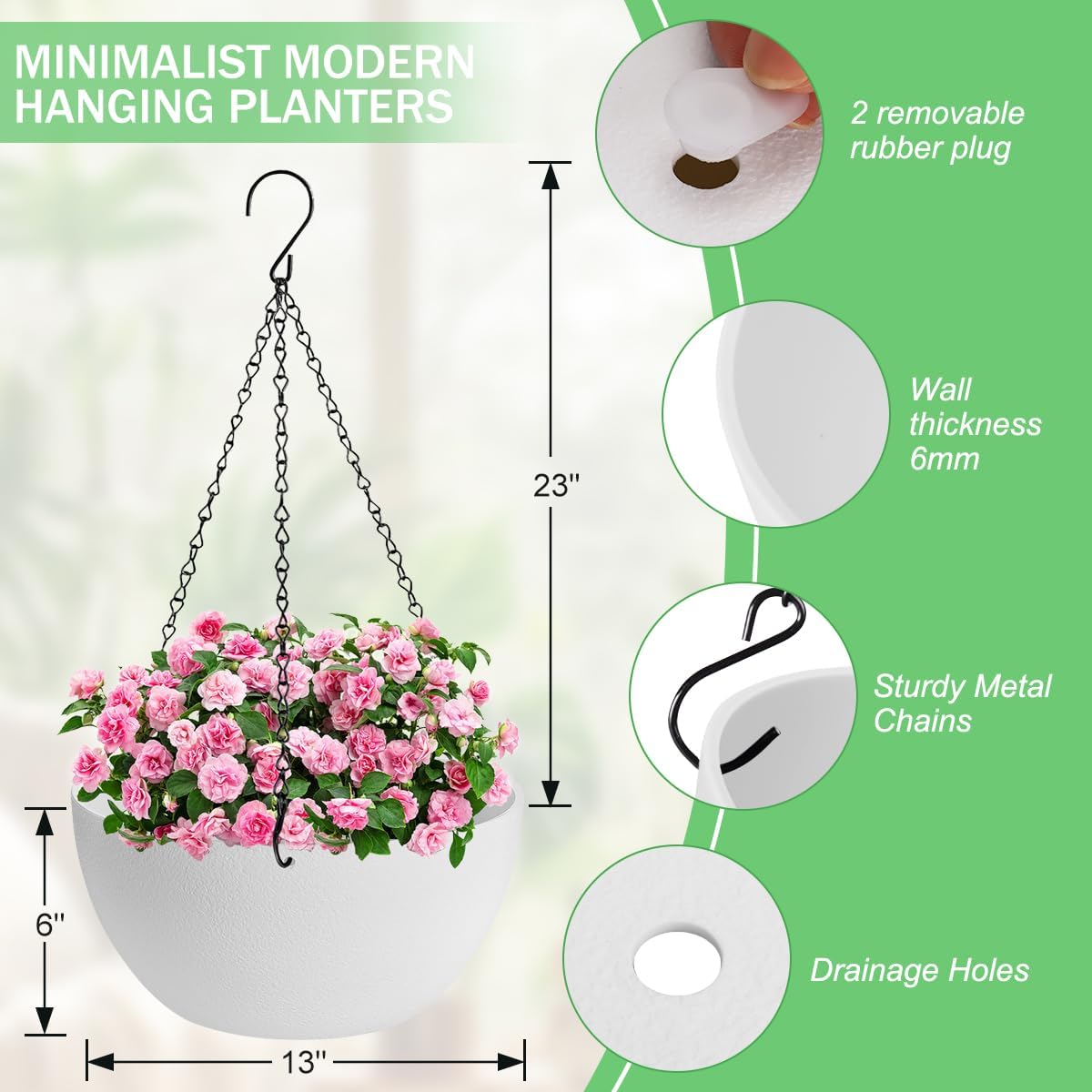 13 inch Hanging Planters for Indoor Plants, 2 Pack Planters for Outdoor Plants with Drainage Holes and Chain, Round Plastic Hanging Baskets, Hanging Flower Pots for Balcony Garden Decor-White
