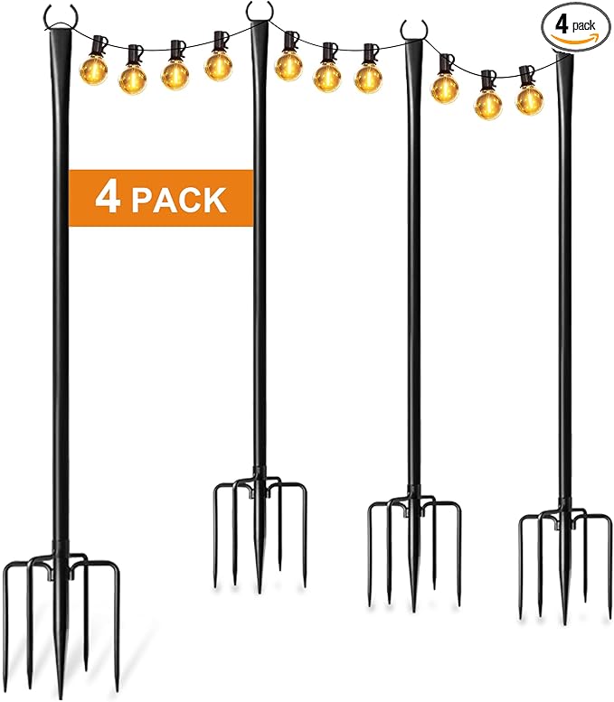 4 Pack String Light Poles for Outside, Thickened Metal Lights Hanger Pole Outdoor with Fork, Lighting Hanging Post Accessories for Patio Decor Garden Backyard Yard Front Porch Outside Decorations