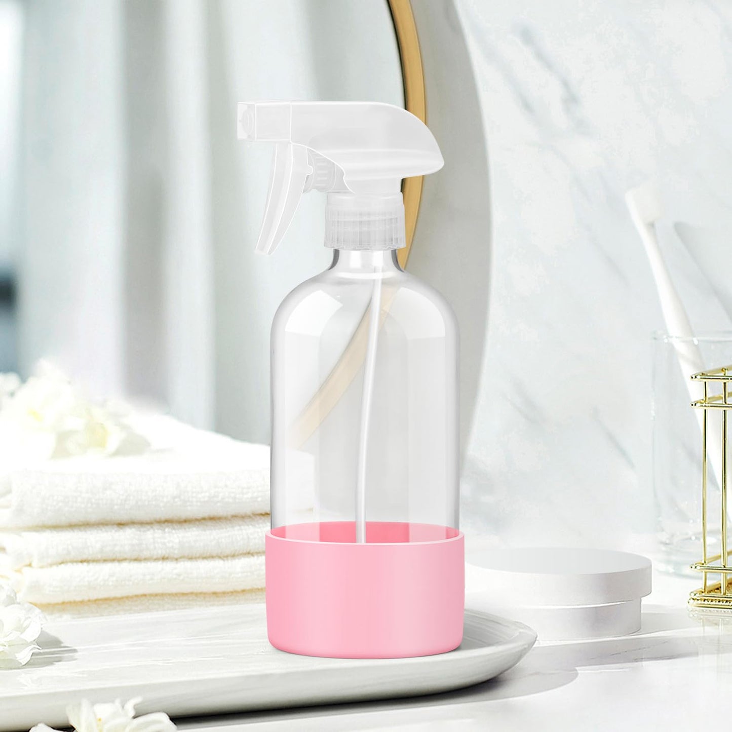 Glass Spray Bottles with Silicone Sleeve Protection, Empty 16 oz Refillable Containers, Reusable Spray Bottles with Adjustable Nozzle for Hair, Cleaning Solutions, 1 Pack Pink