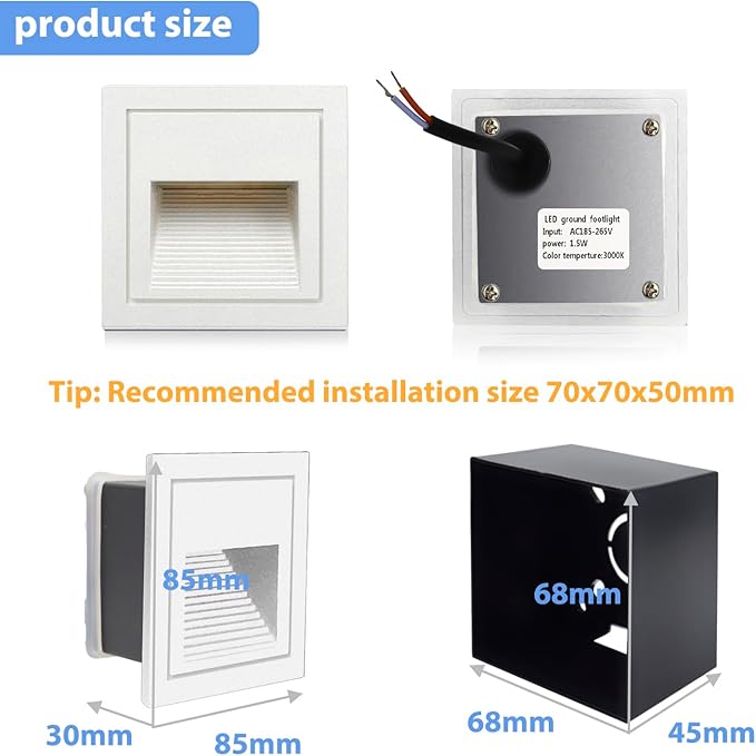 1pcs/3W Wall Recessed Stair Lights LED,Warm White,Indoor Step Light,Square Recessed Wall Light,White Cover Staircase Light IP20 for Indoor Stairs, Home, Kitchen, Attic, Aisle