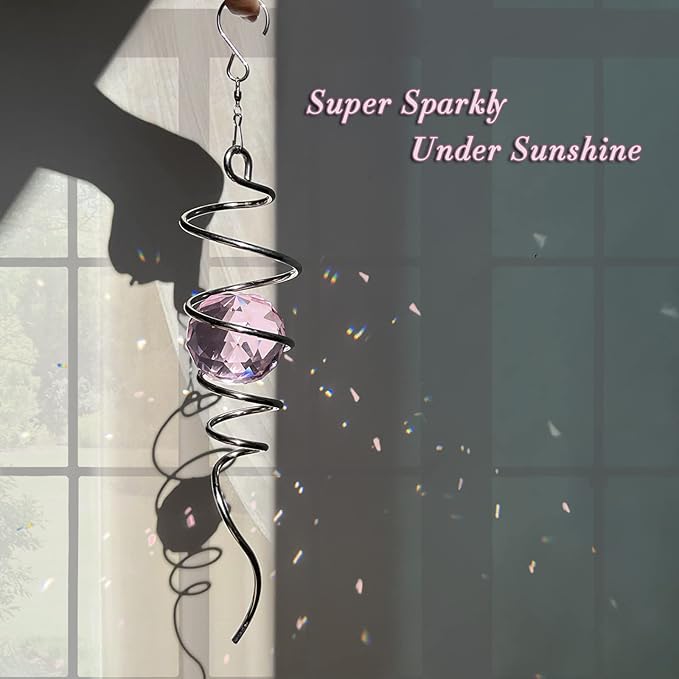 FONMY Gazing Ball Spiral Tail -Decorative Wind Spinner Sun Catcher Rainbow Maker 11 inch Tail and 2 inch Pink Crystal Orb. Indoor Outdoor Garden Decoration -13 inch Height