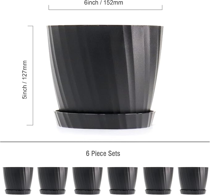 6 Inch Plant Pots Bulk, 6 Pack Plastic Planters with Drainage Holes and Saucers for Indoor Outdoor House Plants and Flowers, Black