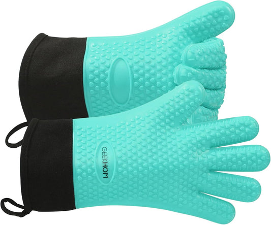 GEEKHOM BBQ Gloves Heat Resistant Oven Mitts - Silicone Grilling Gloves with 13.7" Arm Protection - Waterproof Pot Holder Non-Slip for Men & Women, Kitchen Outdoor Cooking, Baking, Camping, Turquoise