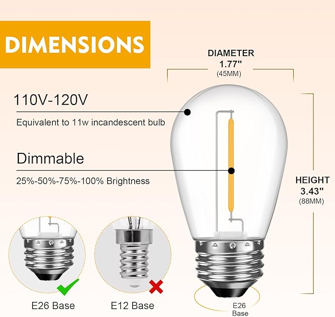 48 Pack LED S14 Replacement Light Bulbs, Shatterproof Outdoor 1 Watt to Replace 11Watts String Incandescent Bulb, Dimmable, E26 Regular Medium Screw Base, 2200K Warm White