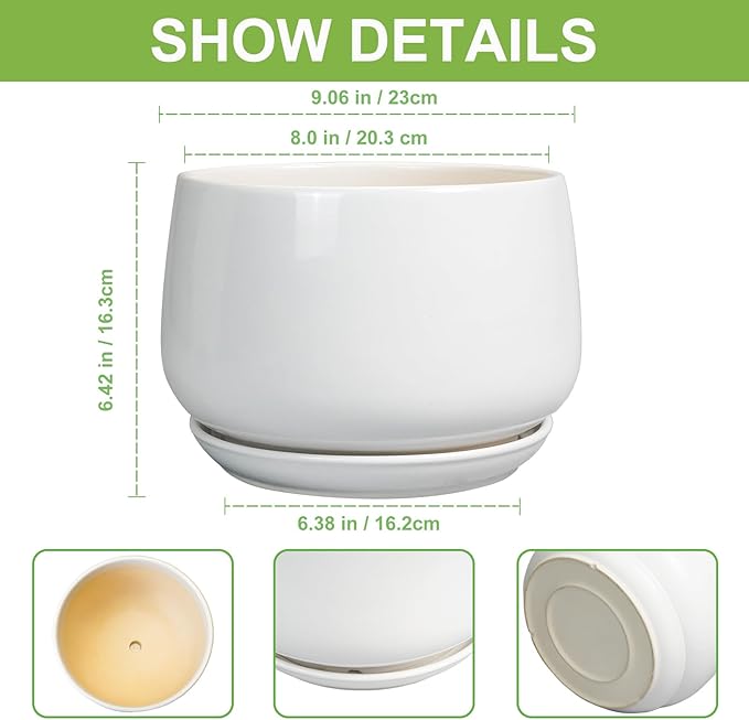 G EPGardening Ceramic Planter 9 Inch - Plant Pots with Drainage and Ceramic Saucer, Flower Pots for Indoor Plants, Modern Outdoor Planter, Living Room Decor, Gifts for Plant Lovers, White