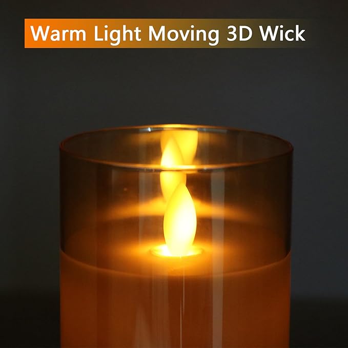 Glass Flickering Flameless Candles with Remote Timer, LED Pillar Candles Battery Operated with 3D Realistic Wick, Real Wax Fake Candles Home Decor for Wedding Festival Party(Gold)