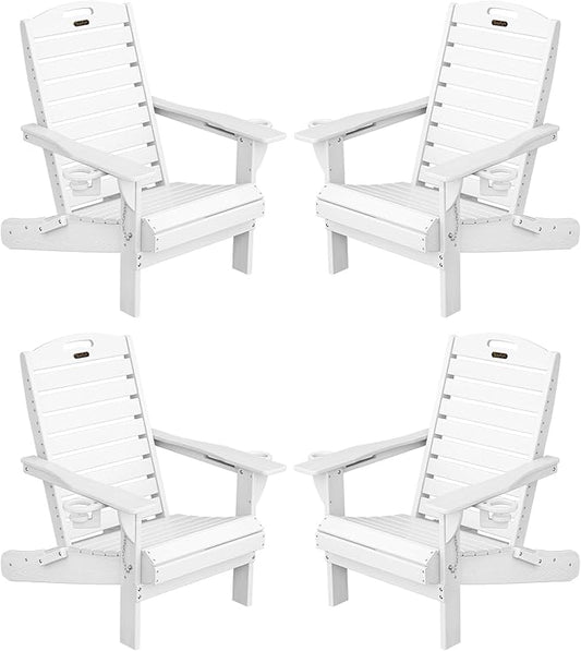 Adirondack Chairs Set of 4, Outdoor Fire Pit Chairs, HDPE All-Weather Adirondack Chairs with Cup Holder, Lawn Chair for Deck, Patio, Garden (White)