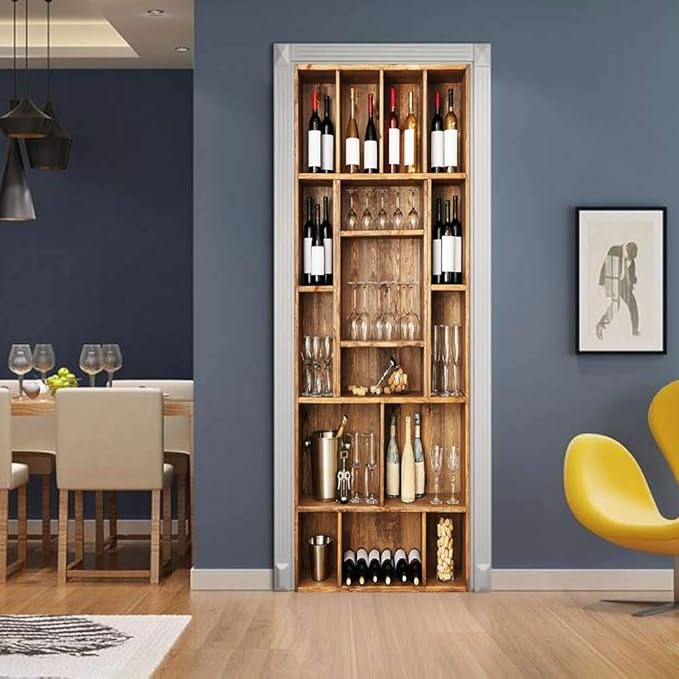 3D Peel and Stick Murals - Wine Cabinet Wallpaper - Removable PVC Waterproof Door Poster for Bedroom Living Room - 37.4 x 82.7 inch