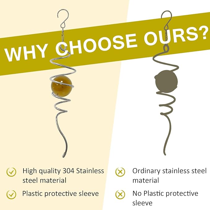 Gazing Ball Spiral Tail Wind Spinner,Decorative Wind Spinner 11inch Tail and 2 inch Glass Orb. Indoor Outdoor Wind Spinner Tail Sun Catcher Garden Decoration-13 inch Height(Gold)