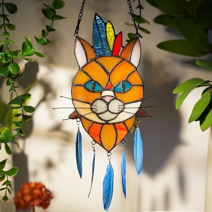 BOXCASA Orange Cat Decor Stained Glass Window Hangings,Cat Suncatcher for Window Indian Feathers Decoration,Funny Cat Decor Gifts for Cat Lovers,Cat Themed Gifts for Women