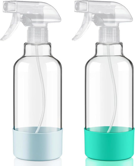 Glass Spray Bottles with Silicone Sleeve 16.9oz 2 Pack Empty Spray Bottle for Hair Mist/Stream Spraying for Cleaning Solutions, Plants, Essential Oils (clear-qblue&green)