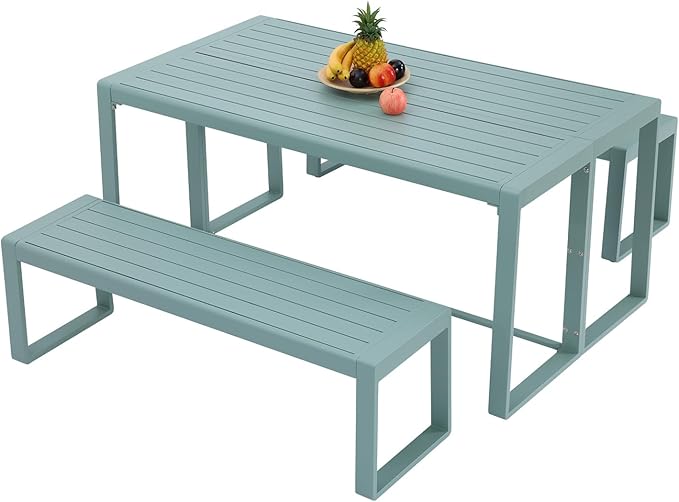 Aoodor 3-Piece Outdoor Patio Dining Set, Aluminum Furniture Set with 1 Rectangular Picnic Table and 2 Benches for Garden, Lawn, Yard