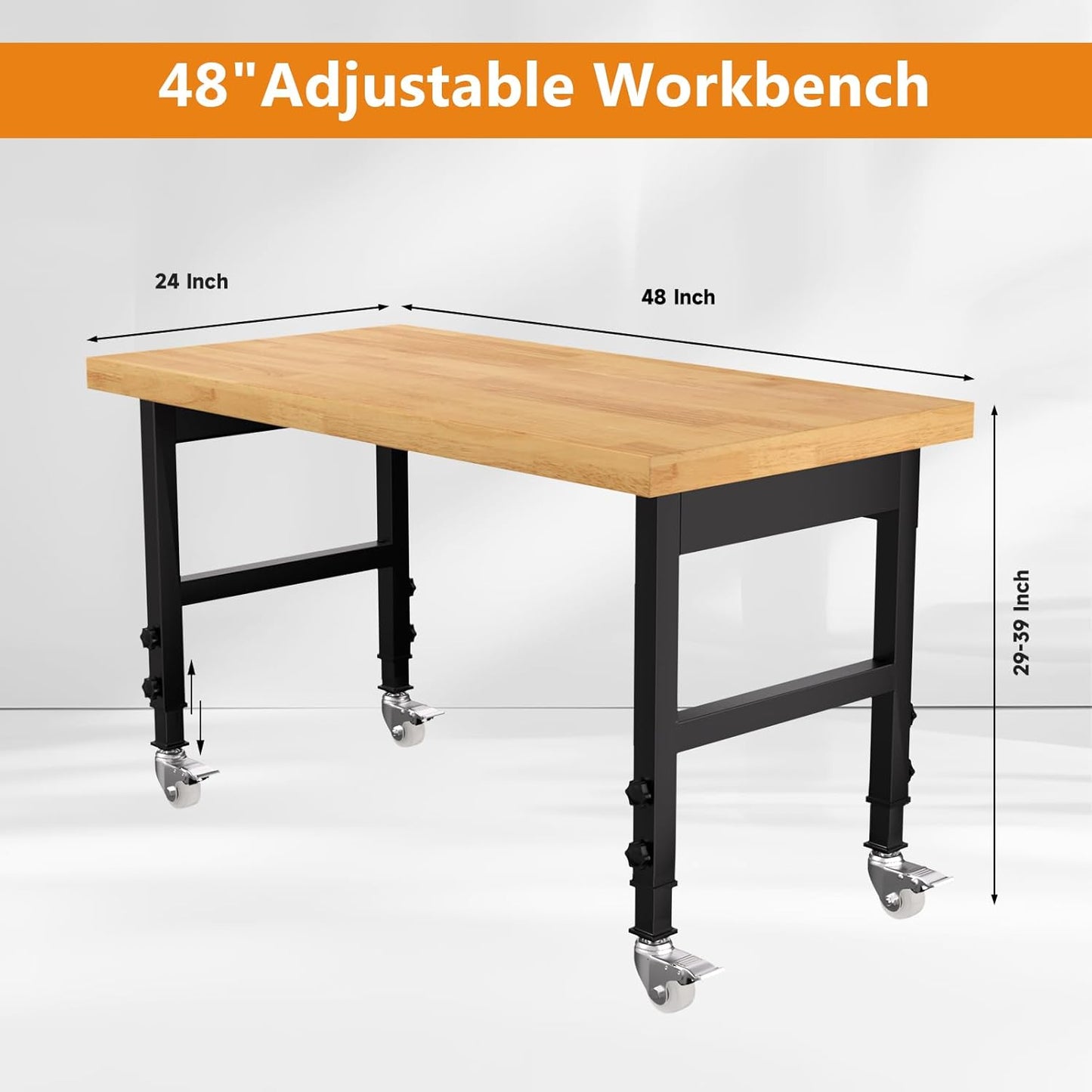 48" Work Bench, Heavy-Duty Solid Wood Workbench, Adjustable Height Work Table, 2000 LBS Capacity Workstation for Garage, Workshop, Home, Office (48" X 24")