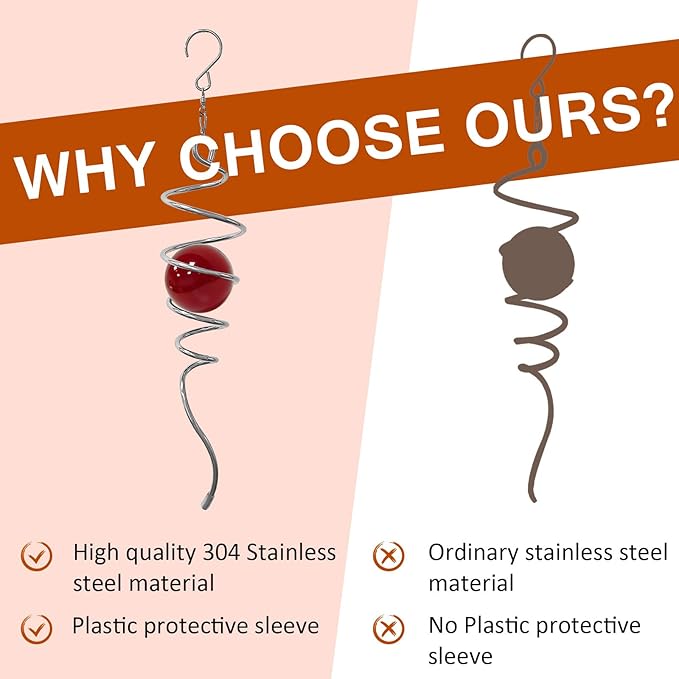 Gazing Ball Spiral Tail Wind Spinner,Decorative Wind Spinner 11inch Tail and 2 inch Glass Orb. Indoor Outdoor Wind Spinner Tail Sun Catcher Garden Decoration-13 inch Height(red)