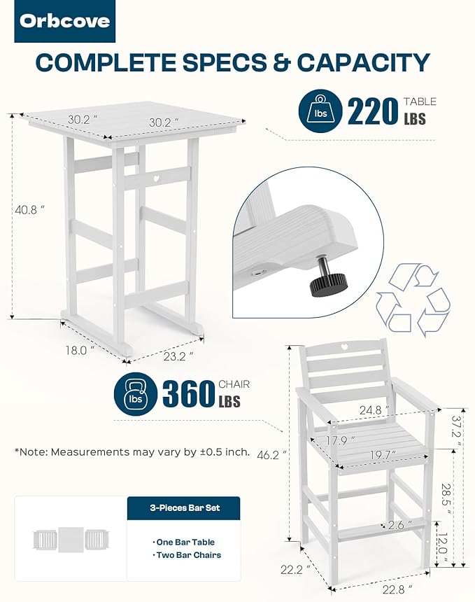 Adirondack Outdoor Bar Table, Durable HDPE Composite, Weather Resistant, Easy to Clean, Perfect for Backyard and Poolside Use, White