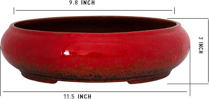 ARTKETTY Succulent Pots - 11.5 Inch Ceramic Bonsai Pots with Drainage, Large Shallow Succulent Planters for Indoor Outdoor Plants, Round Glazed Cactus Flower Plant Container Bowl Home Desk Decor(Red)