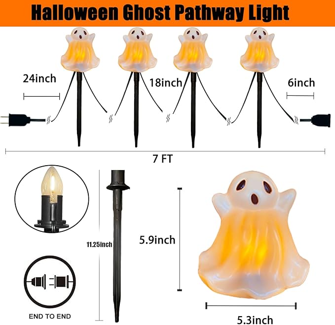 Halloween Ghosts Pathway Marker Lights, 7Ft C7 LED Outdoor Halloween Decorations String Lights Waterproof with 4 White Ghost Walkway Lights Plug in for Outdoor Halloween Party Garden Patio Garden Lawn