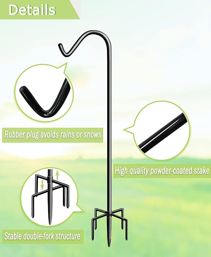 Garbuildman 92 Inch Tall Shepherd Hooks with 5-Forked Base, Adjustable Heavy Duty Bird Feeder Pole Stand Hanger for Outdoor, Shiny Black, 2 Pack
