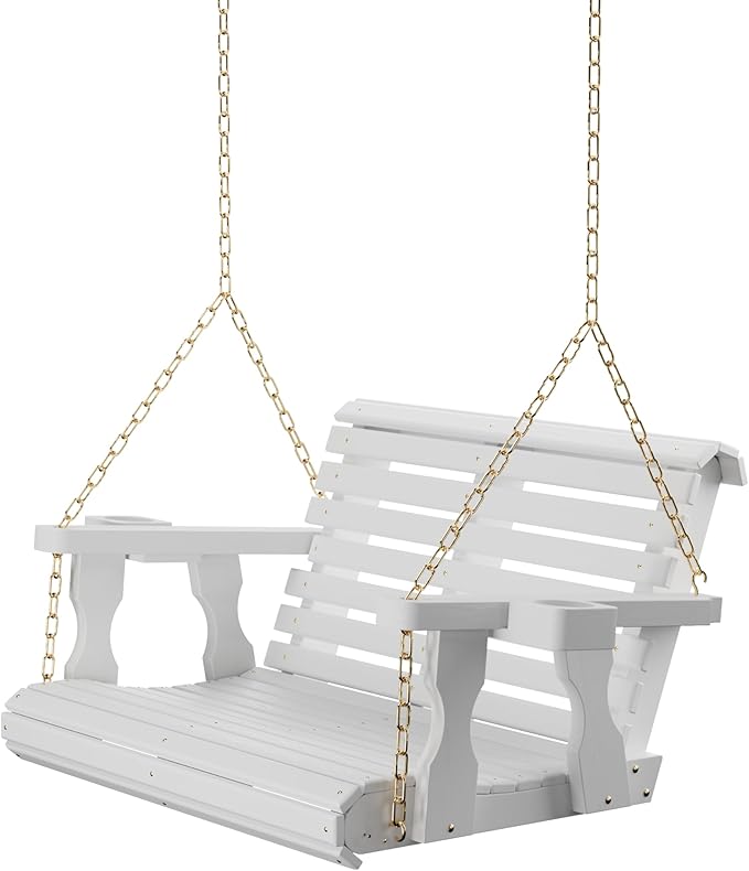 Amish Casual 3 Foot Roll Back Porch Swing with Cup Holders in Semi-Solid White Stain - Amish Made in The USA from Treated Pine Heavy Duty 700 Lb. Weight Capacity