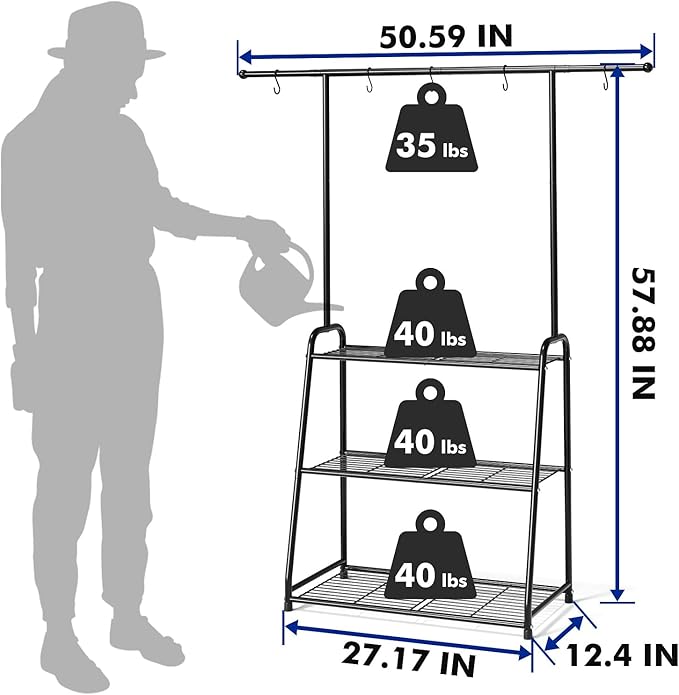 3-Tier Heavy-Duty Metal Plant Stand for Indoor and Outdoor Use, Hanging Plant Shelf for Multiple Flower Planter Holder, Tall Large Rack Ideal for Living Room, Garden, Balcony, Black