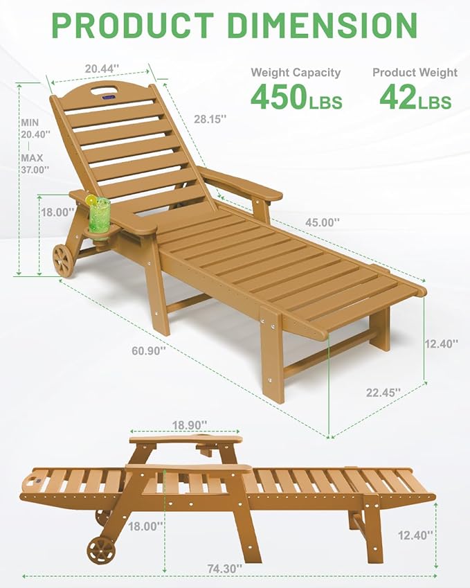 Lounge Chair Outdoor Set of 2, HDPE Chaise Lounge Outdoor with 6-Position & Wheels &Cup Holder, Pool Lounge Chair for Pool Poolside Deck Backyard Patio, Teak