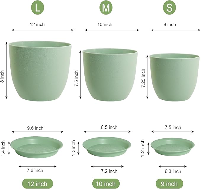 12/10/9 Large Modern Plant Pots, Plastic Planters with Drainage Holes and Saucers for Indoor Outdoor Plants Flowers, Green